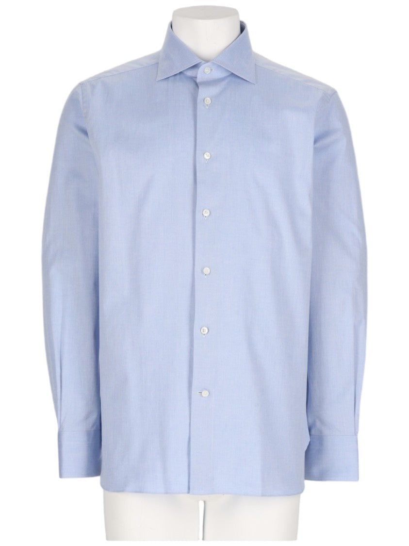 Zegna Pointed Collar Light Blue Cotton-Blend Shirt