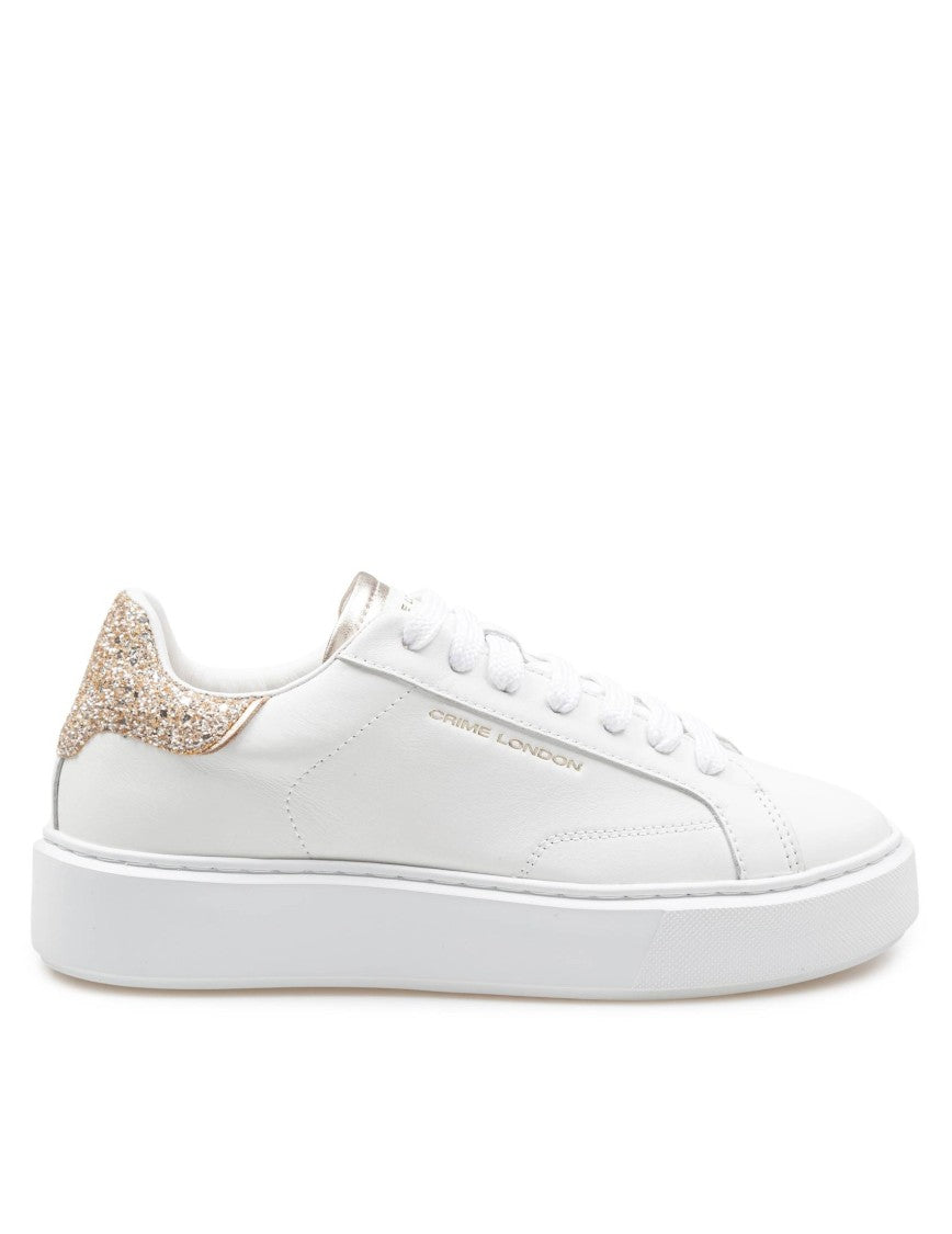 Crime London White Leather Sneakers With Glitter Heel Tab