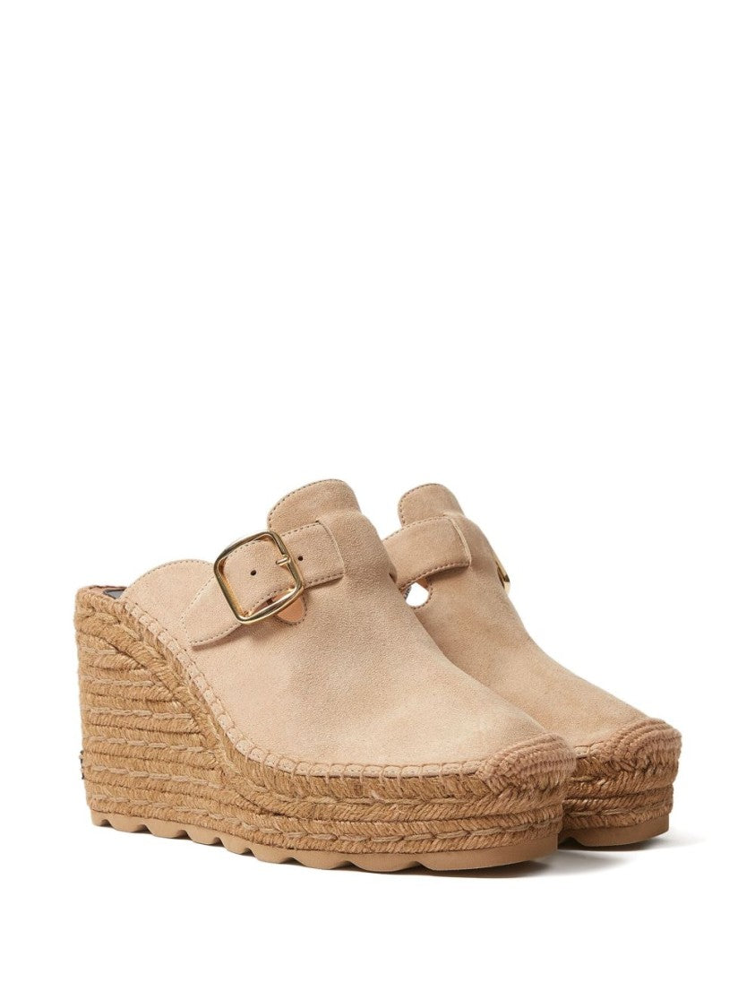 Stella Mccartney Beige Wedge Sandals With Braided Jute And Gold Buckle