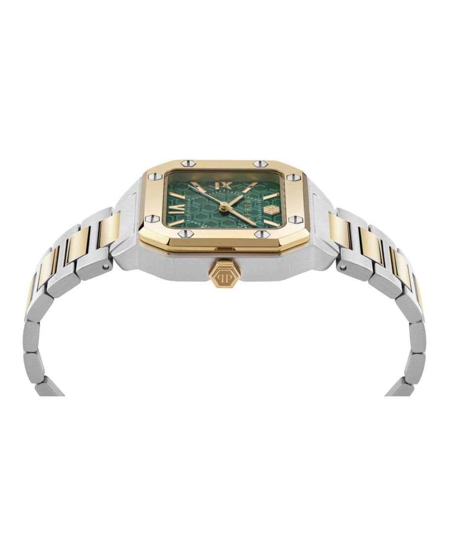 Philipp Plein Two-Tone Square Bracelet Watch With Green Guilloche Dial