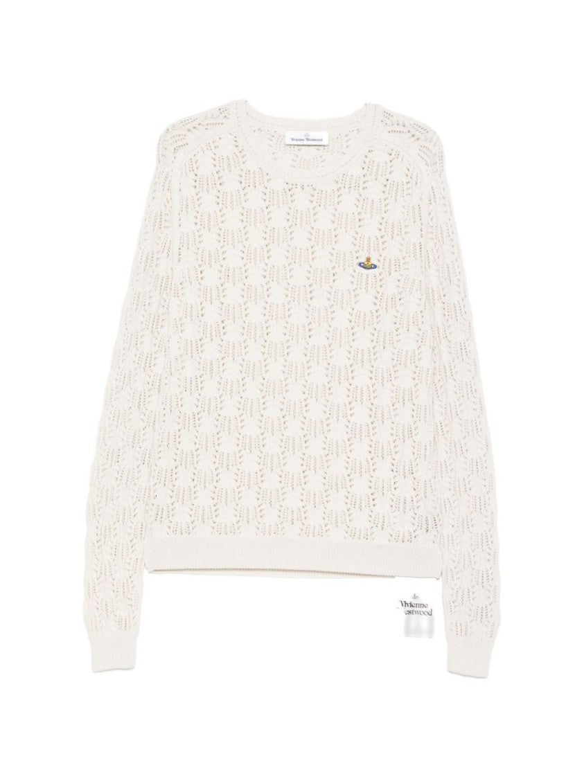 Vivienne Westwood White Openwork Knit Orb Round Sweater