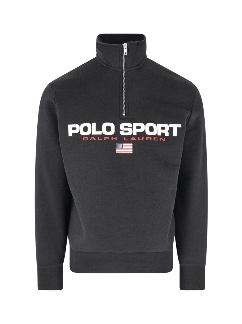 Polo Ralph Lauren Black Half-Zip Contrasting Logo Cotton-Blend Sweatshirt