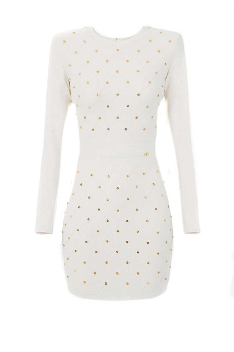 Elisabetta Franchi White Allover Gold-Stud Viscose-Blend Mini Dress