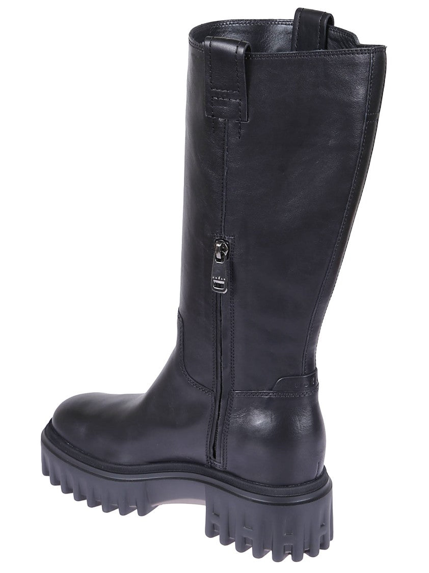 Hogan Mid-Calf Black Leather Boots With Side Zip