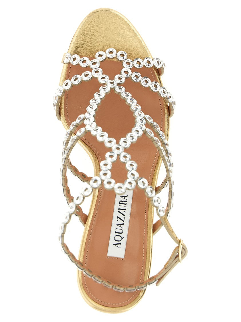 Aquazzura Laminated Leather Sandals With Crystal-Adorned Chain Pattern