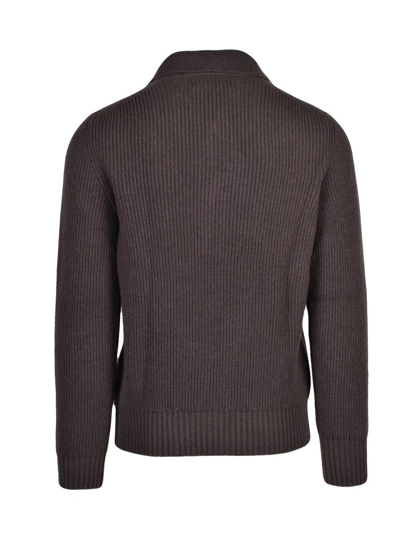 Mc George Brown Virgin Wool-Cashmere Ribbed Polo Sweater