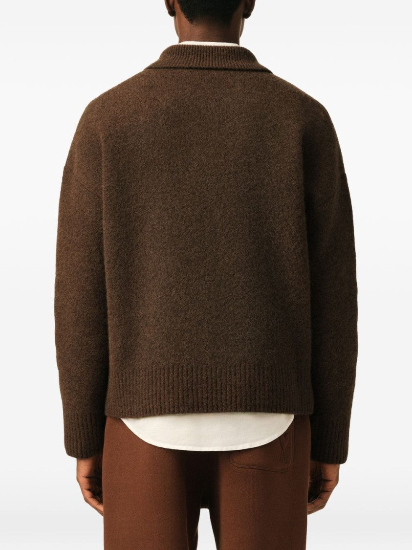 Ami Paris Textured Knit Sweater With Polo Collar