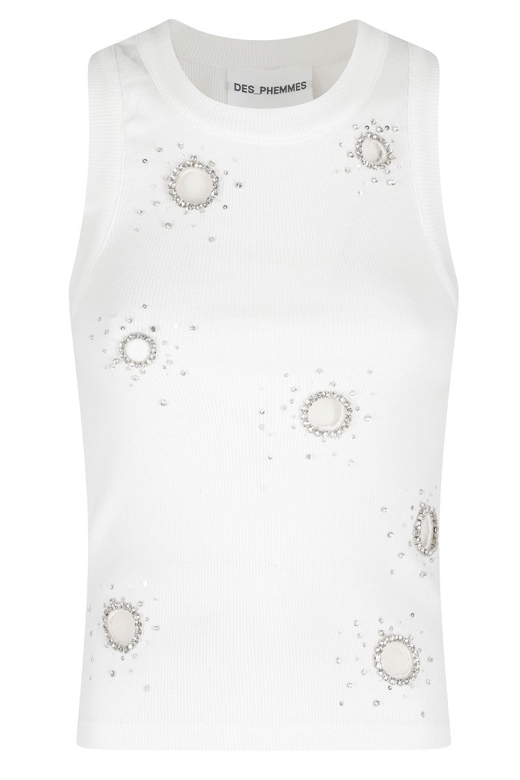 Des Phemmes White Classic Tank All-Over Rhinestone Cotton Tank Top