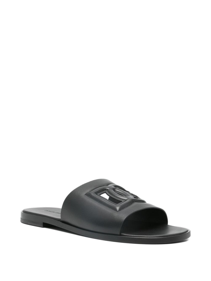 Dolce & Gabbana Black Calfskin Slide Embossed Branded Leather Slide
