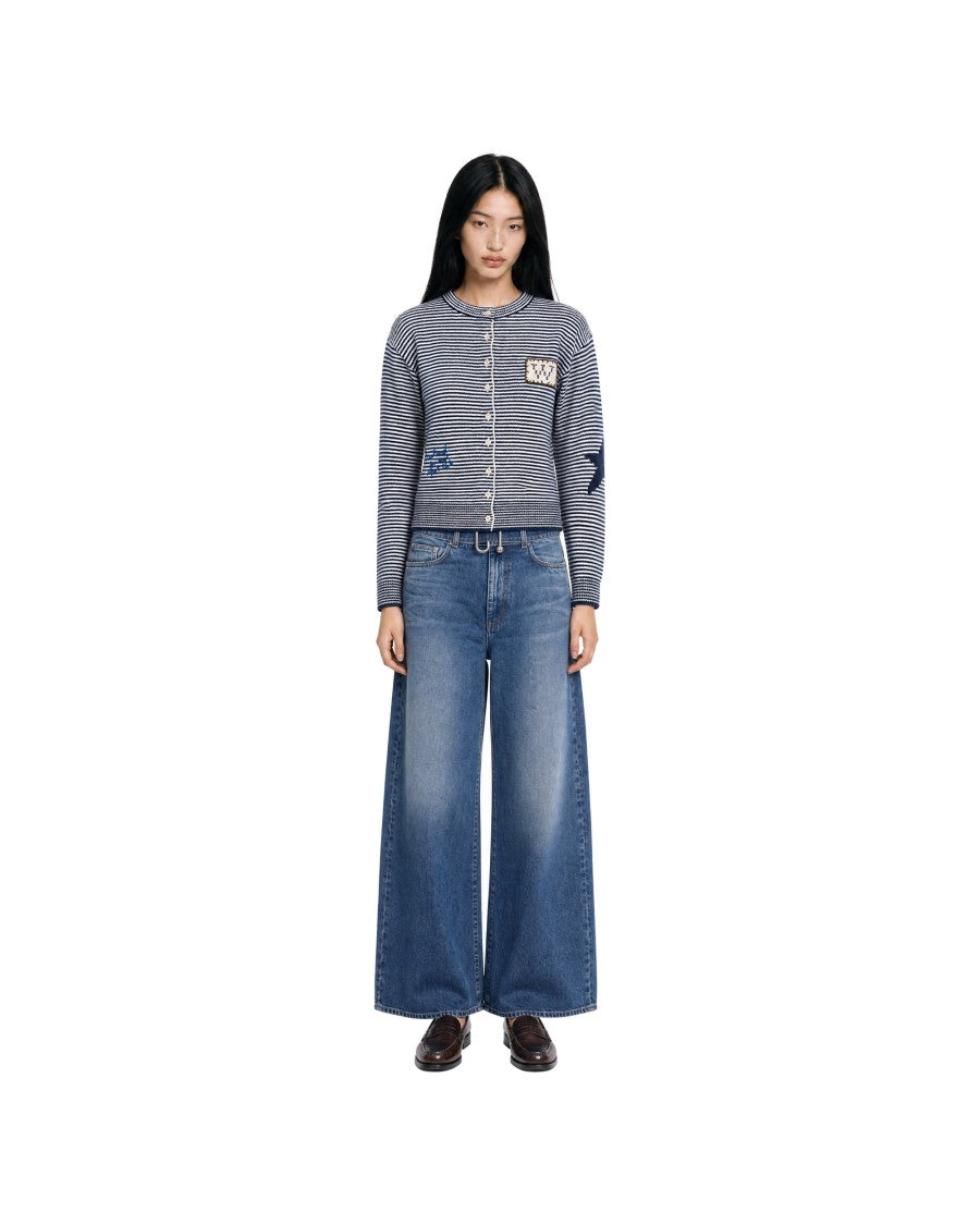 Max Mara Blue And White Striped Cotton-Blend Cardigan
