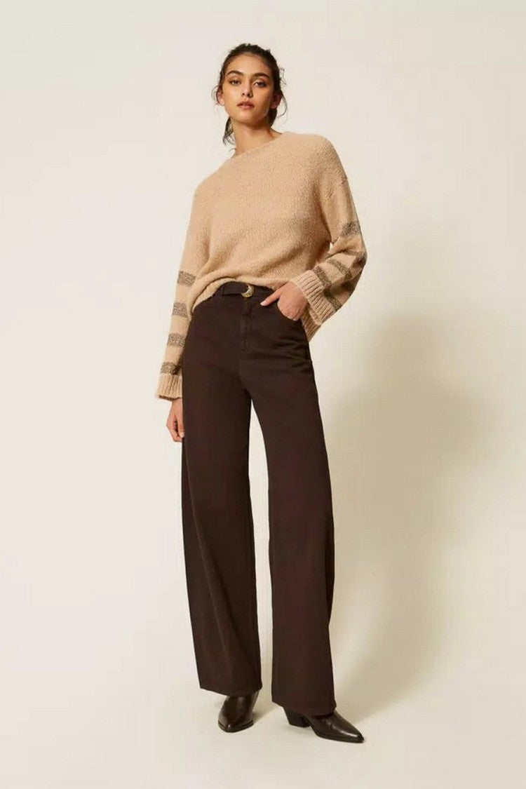 Twin-Set Camel Polyamide-Alpaca Blend Metallic-Stripe Sweater