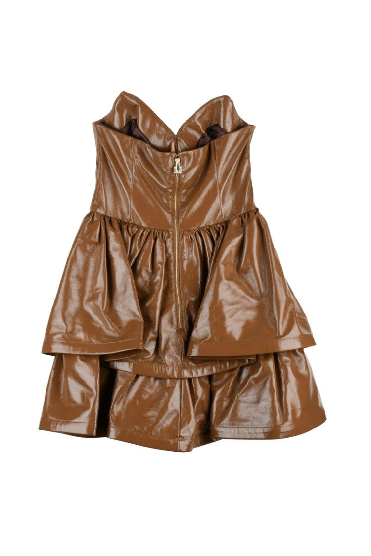 Elisabetta Franchi Short Faux Leather Dress Heart Neckline - Caramel