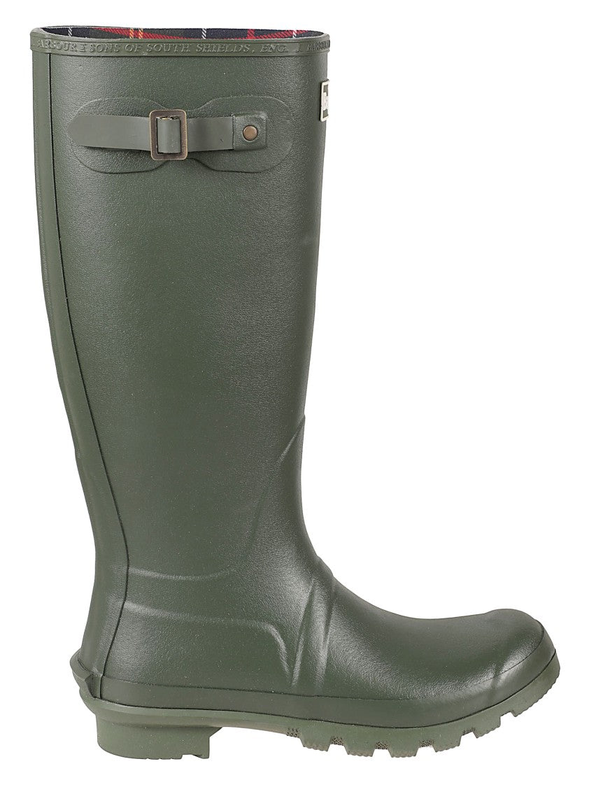 Barbour Tall Rubber Boots With Adjustable Buckle And Tartan Lining