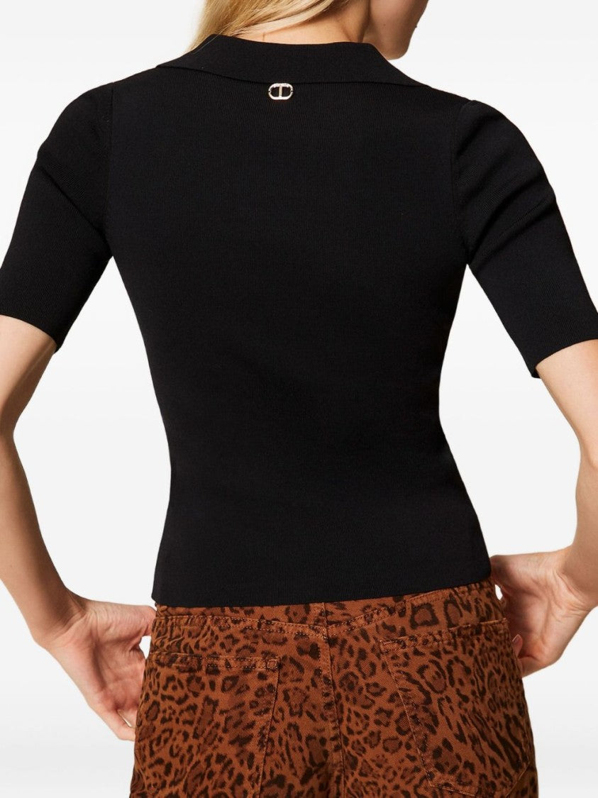Twin-Set Fitted Black Short-Sleeve Top With Classic Collar