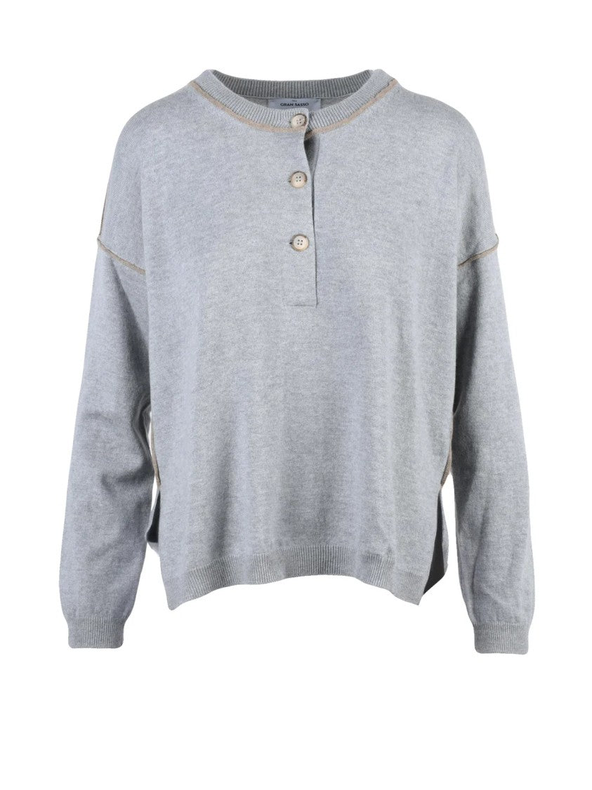 Gran Sasso Grey Serafino Partial Button Wool-Blend Cardigan