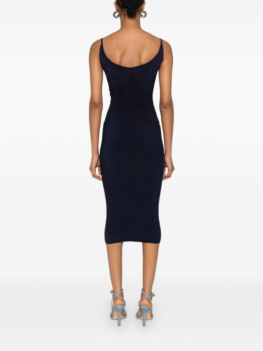 Mugler Midnight Blue Ribbed Knit Midi Dress
