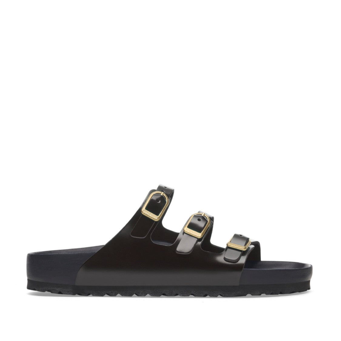 Birkenstock Florida Sandal In Black Brushed Leather And Gold Buckles