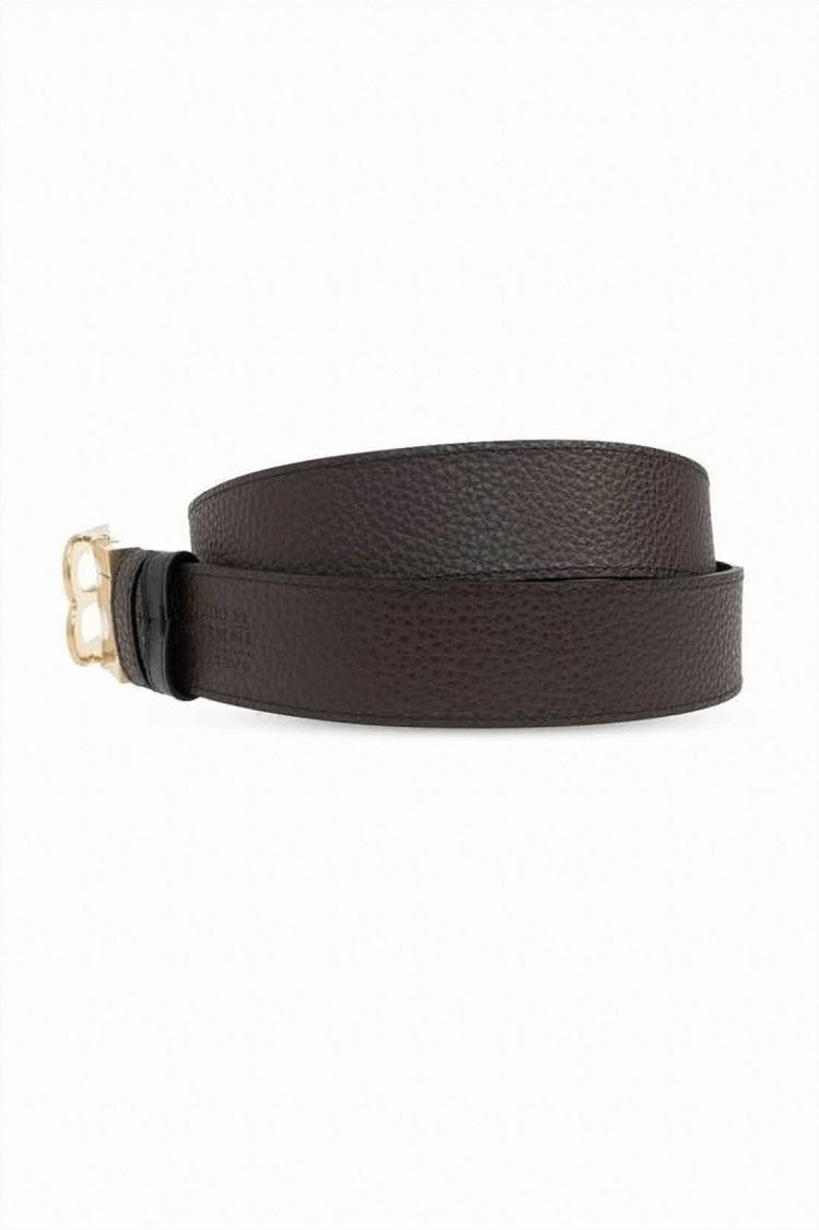 Bally Textured Dark Brown Leather Belt With Gold-Tone 'B' Buckle