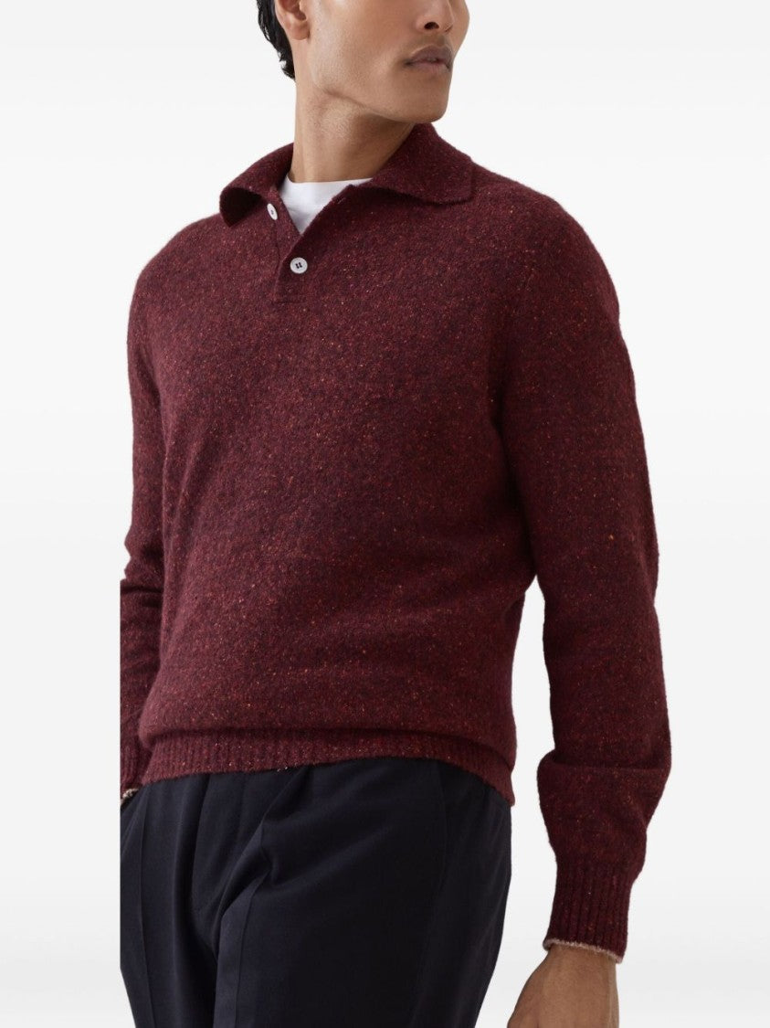Brunello Cucinelli Burgundy Polo Collar Sweater With Speckled Texture