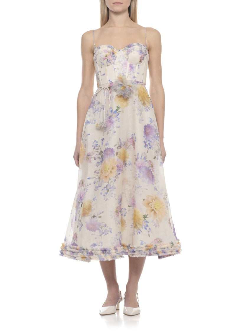Zimmermann Heart-Neck Midi Dress With Volant Details And Floral Accents