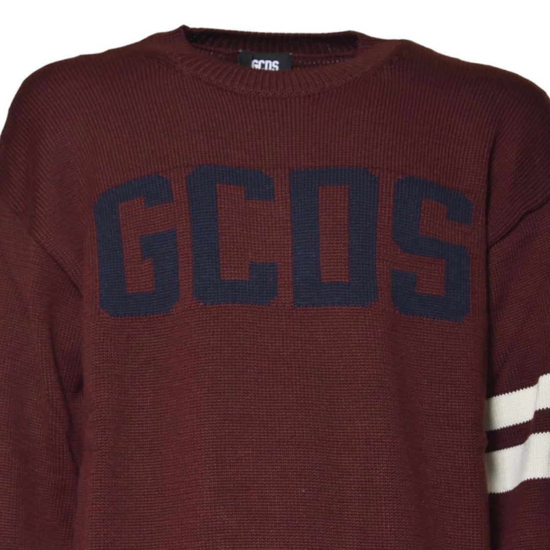 Gcds Bordeaux Knit Sweater With Navy Logo And Striped Sleeves