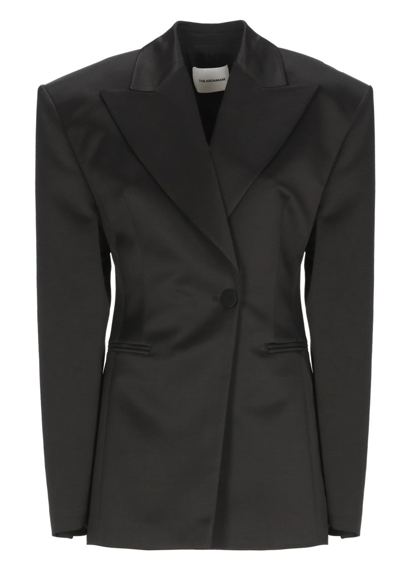 The Andamane Black Ottavia Satin Peak Lapel Blazer