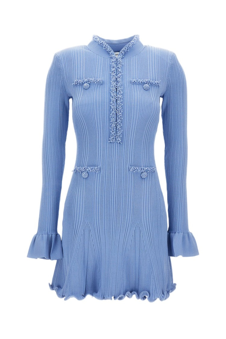 Self-Portrait Ribbed Midi Dress With Pearl Trim And Flared Sleeves