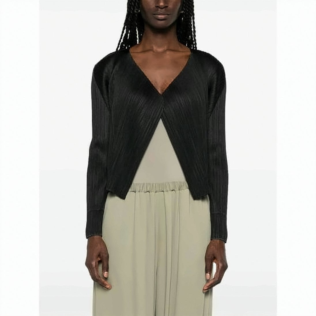 Pleats Please Asymmetrical Pleated Cardigan With Deep V-Neckline