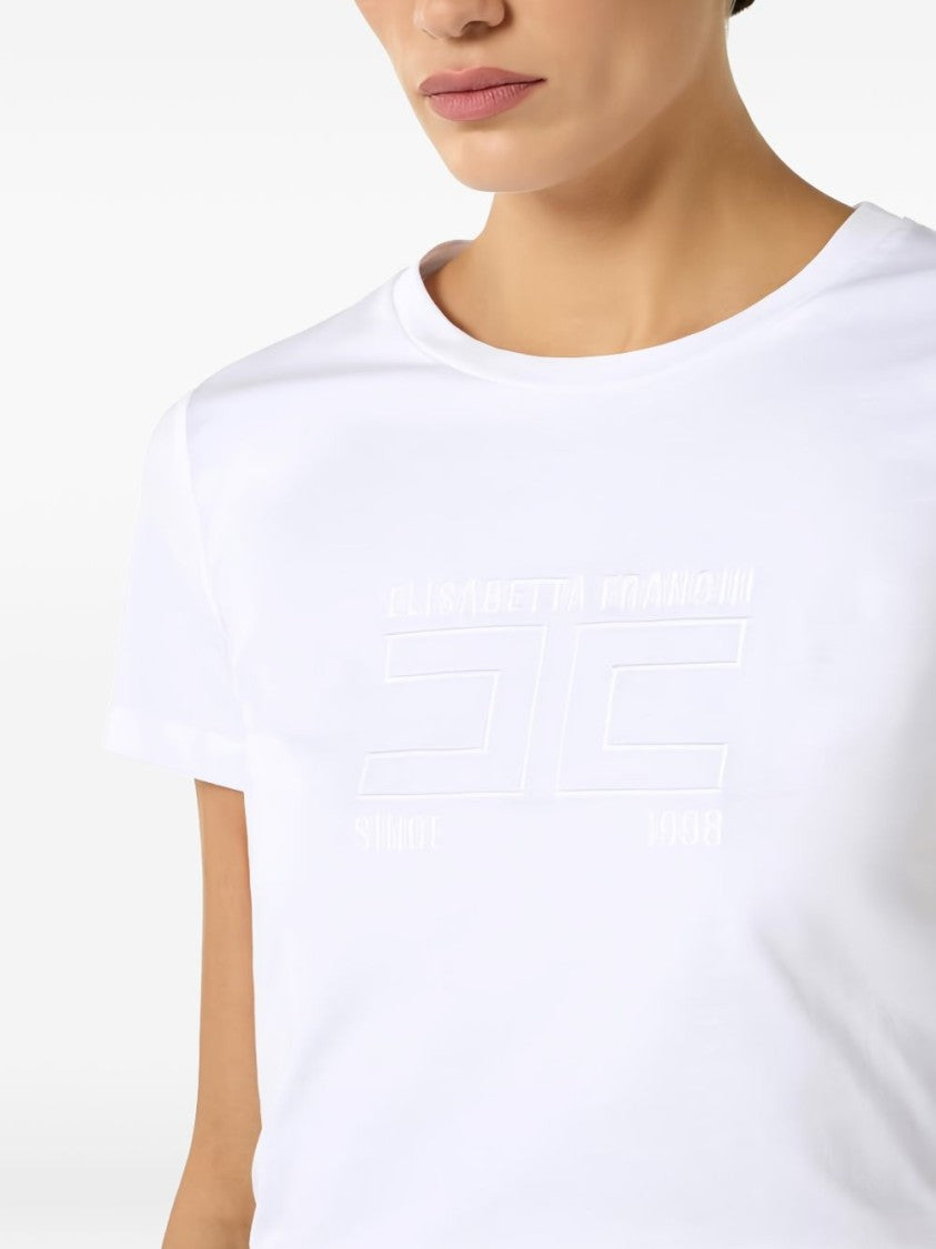 Elisabetta Franchi Thread-Embroidered Logo White Crew Neck Top