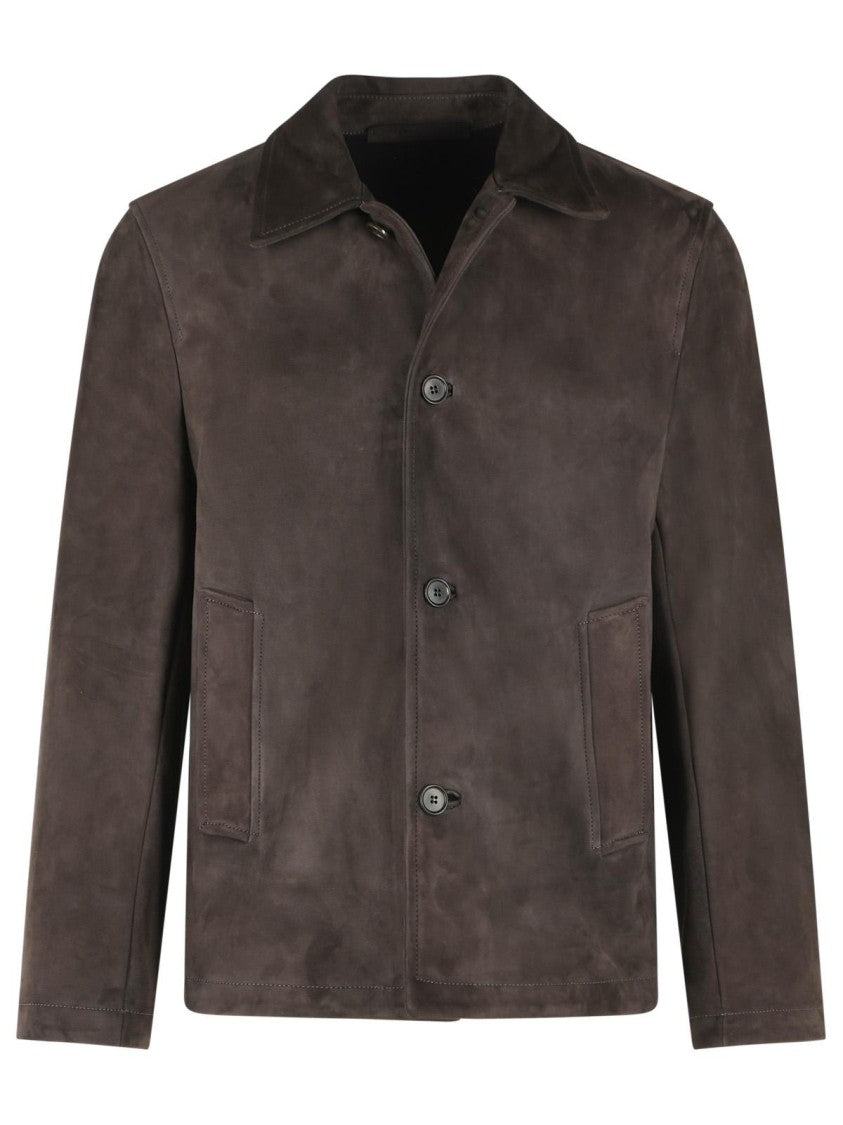 Salvatore Santoro Dark Brown Suede Jacket With Classic Shirt Collar And Button Closure