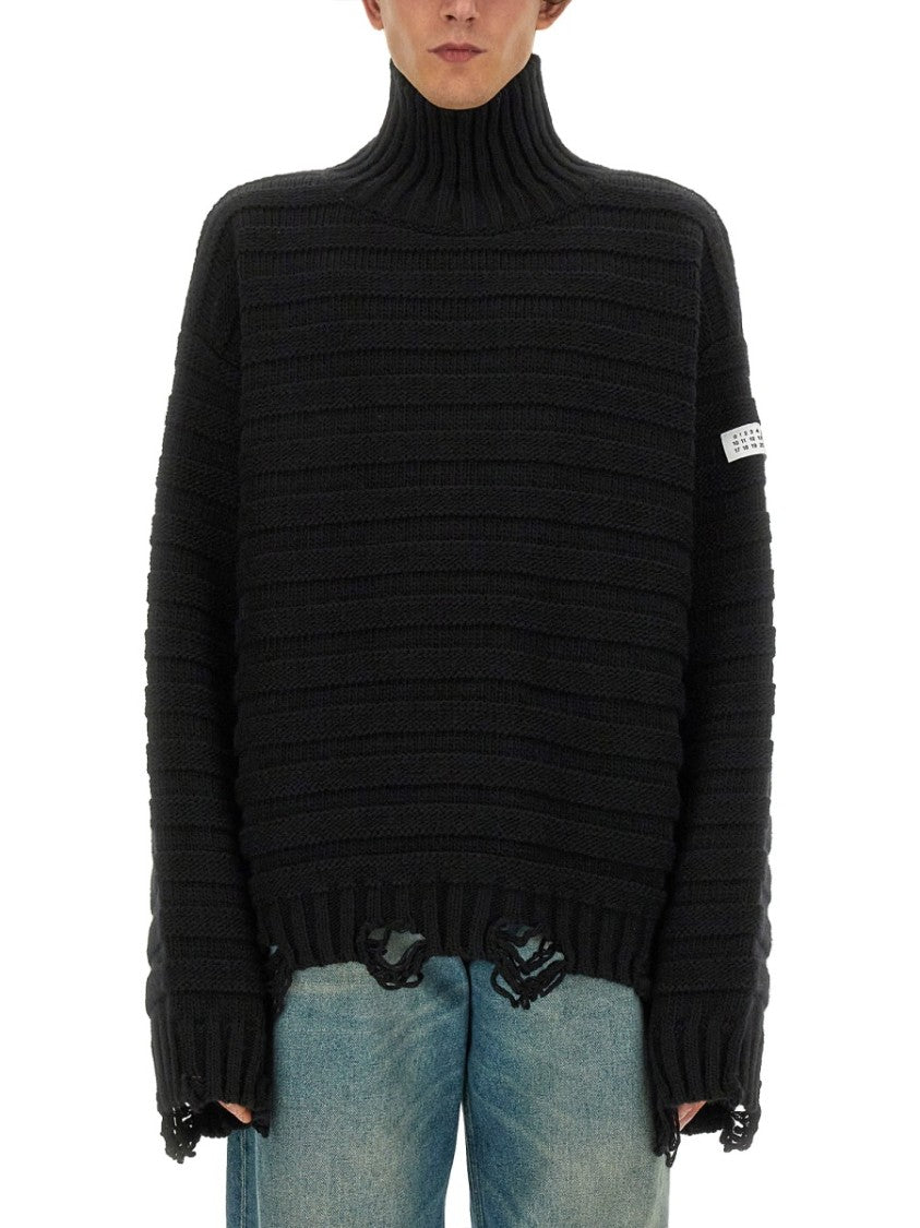 Mm6 By Maison Margiela High Neck Textured Knit Sweater With Distressed Details