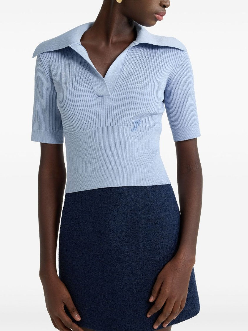 Patou Light Blue Ribbed Knit Polo Top