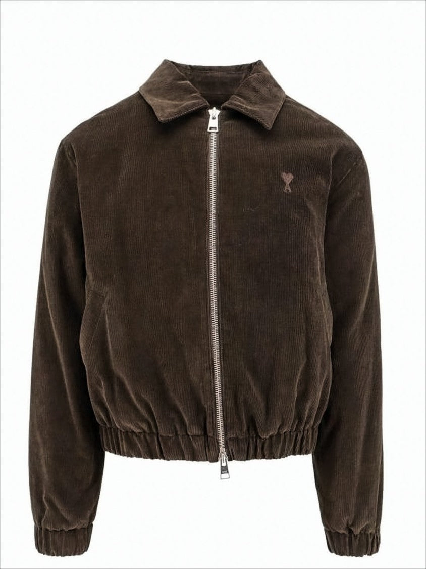 Ami Cropped Corduroy Bomber Jacket With Classic Collar And Embroidered Logo