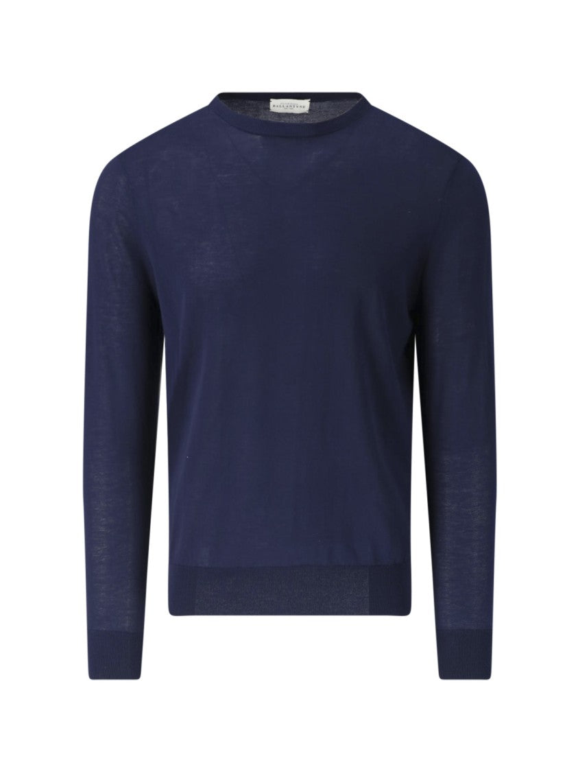 Ballantyne Blue Fine-Knit Ribbed Trim Crewneck Sweater
