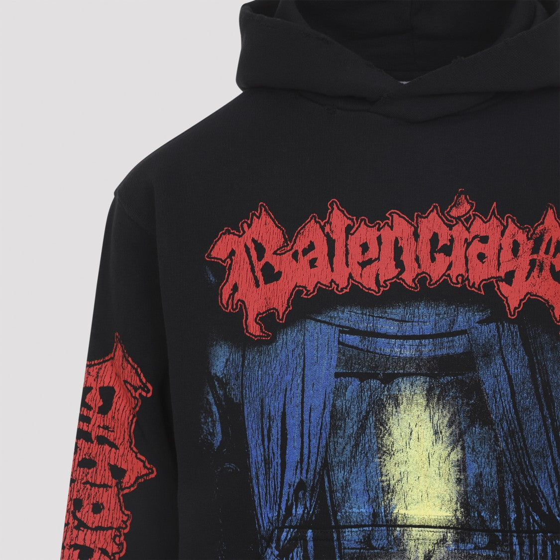 Balenciaga Hooded Black Cotton Sweatshirt With Gothic Typography