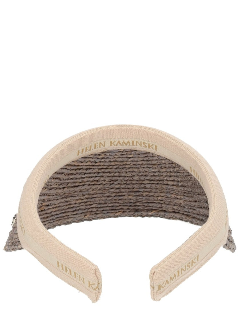 Helen Kaminski Woven Raffia Visor With Textured Brim And Beige Fabric Band