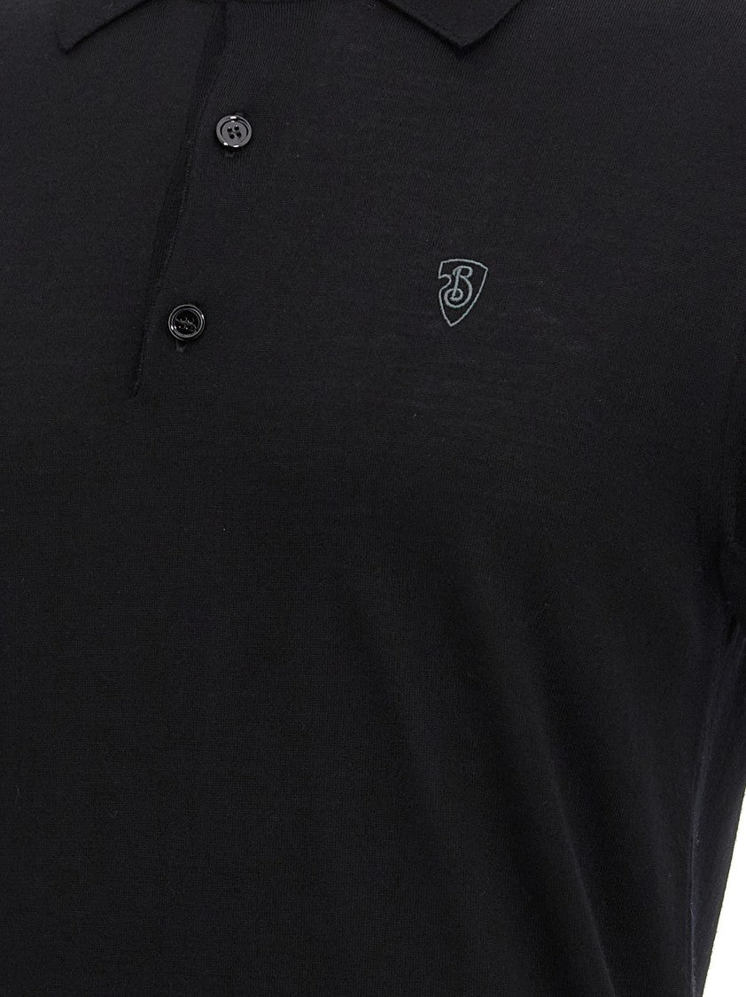 Burberry Contrast-Embroidered Black Wool Polo Shirt