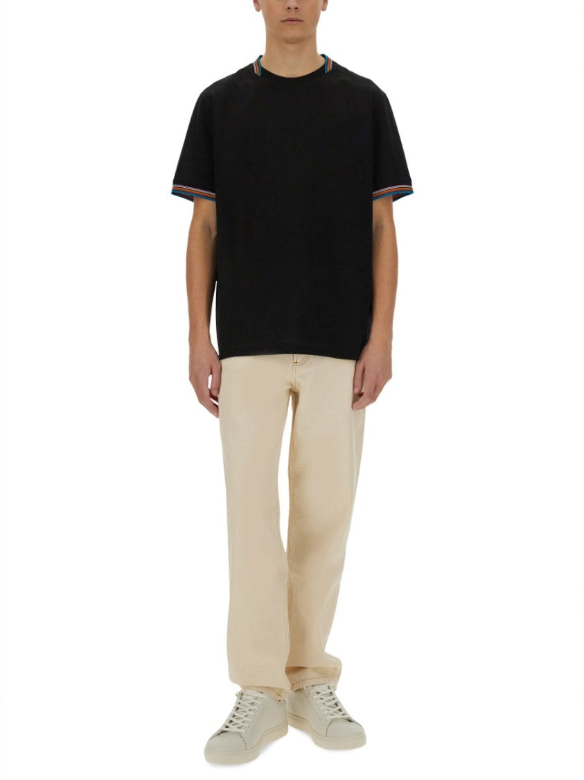 Paul Smith Black Cotton T-Shirt With Colorful Striped Detailing