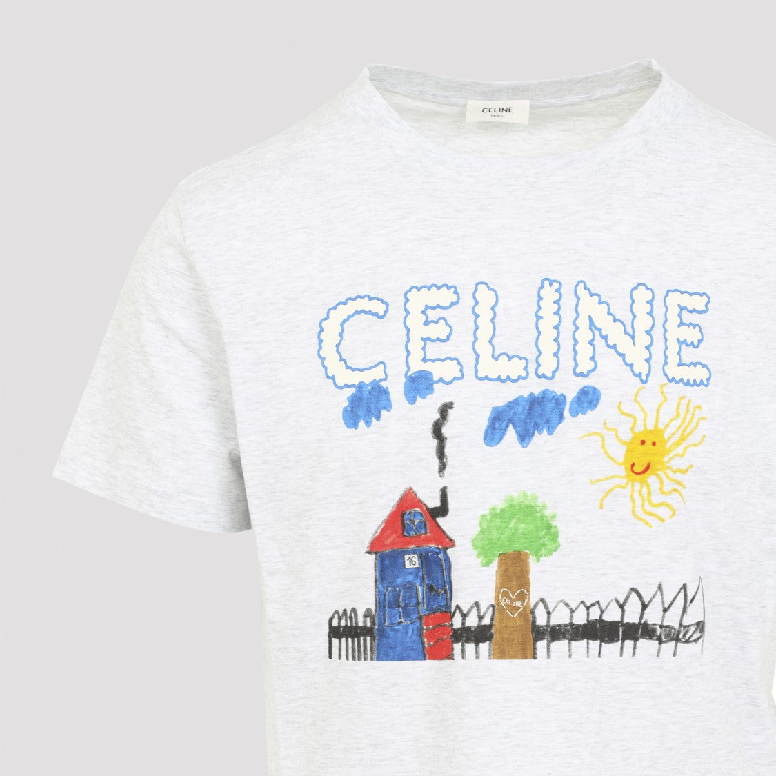 Celine Light Grey Mélange Cotton T-Shirt With Hand-Drawn Graphic