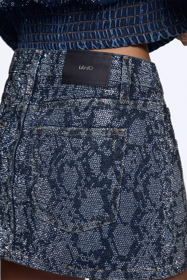 Liu Jo X Capsule 1 Elodie Blue Snake-Print Studded Denim Mini Skirt