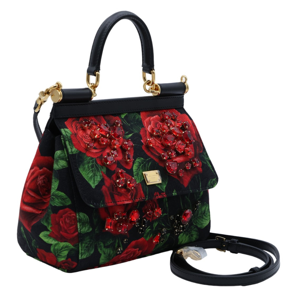 Dolce & Gabbana Floral Print Jeweled Structured Top-Handle Handbag