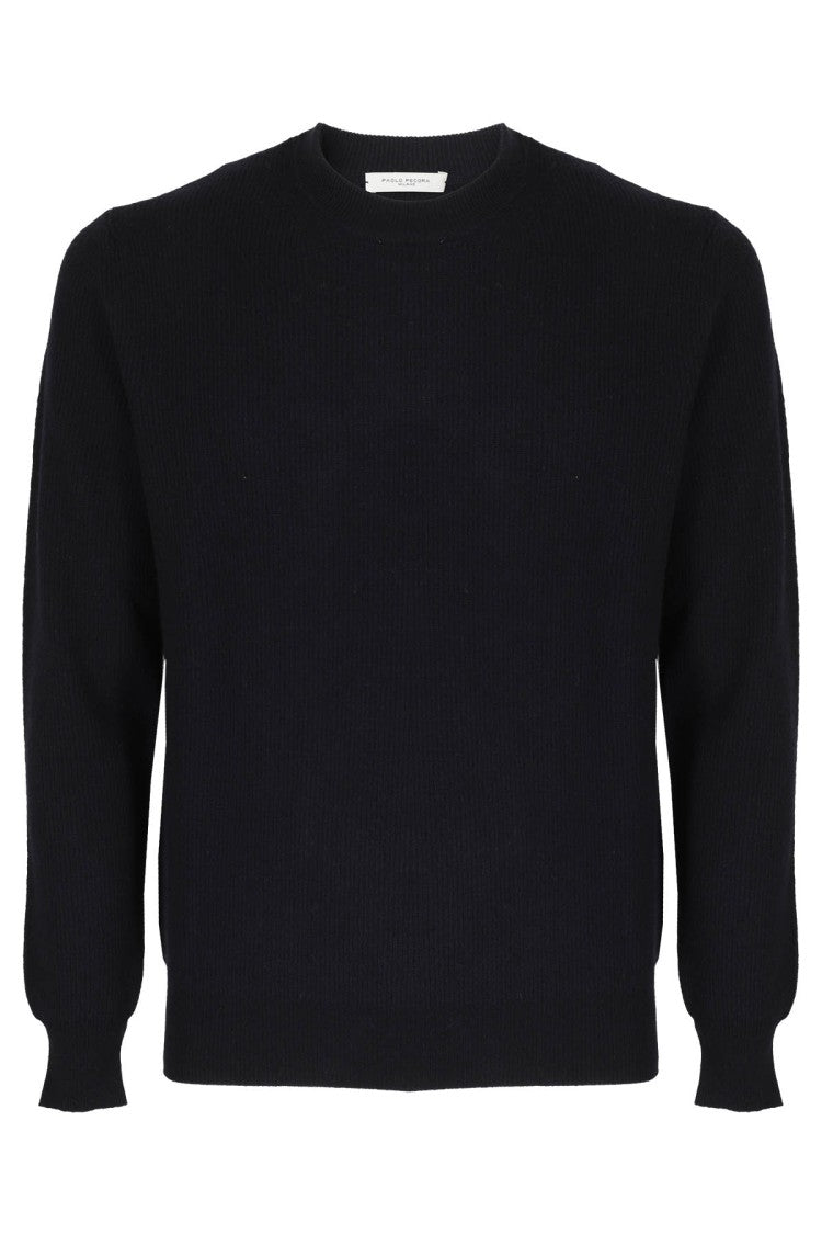 Paolo Pecora Darkest Blue Virgin Wool Ribbed Crew-Neck Sweater