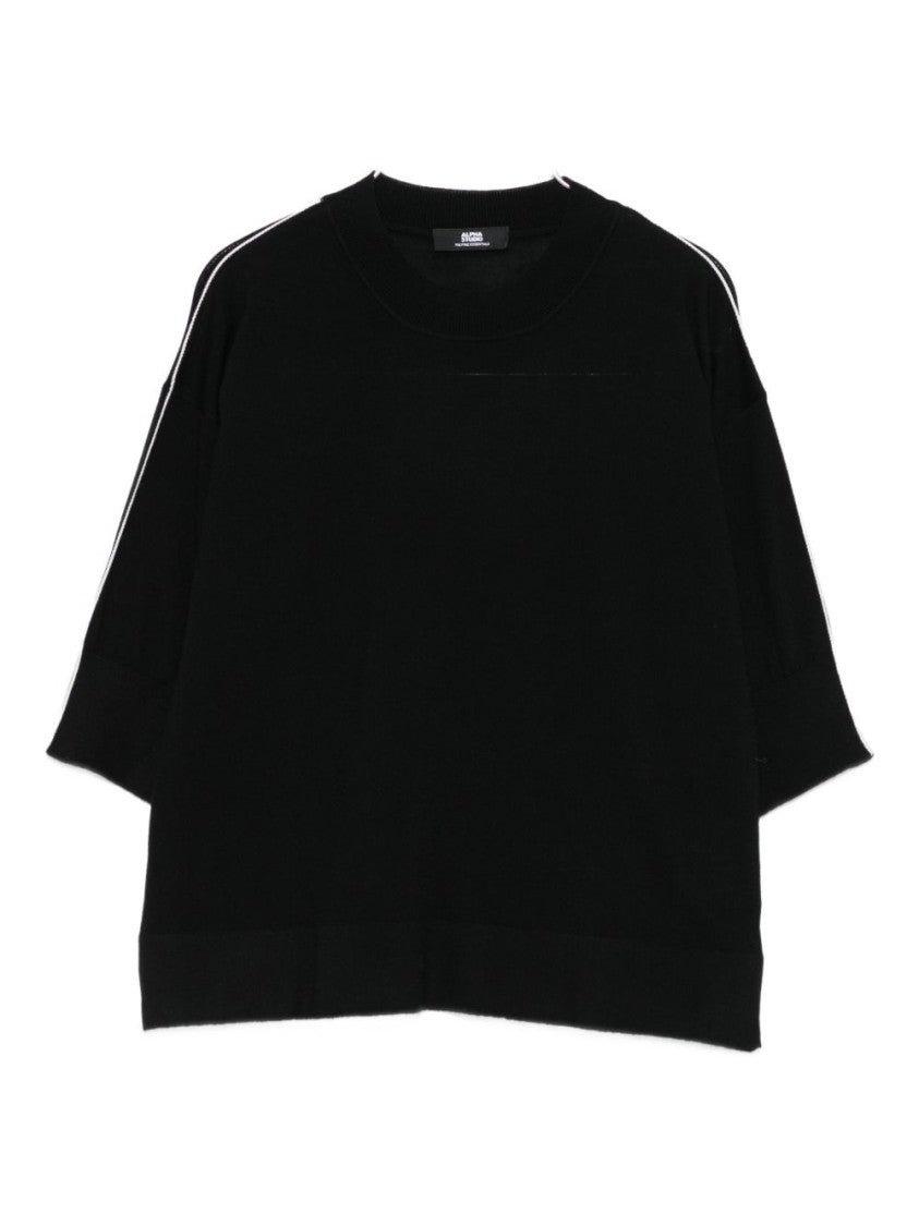 Alpha Studio Relaxed Fit Black Merino Wool Sweater