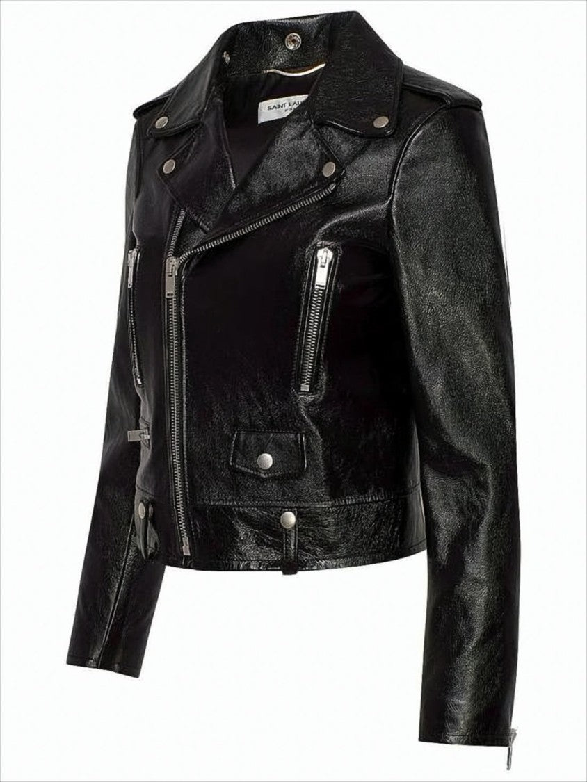Saint Laurent Cropped Black Leather Jacket With Zipper