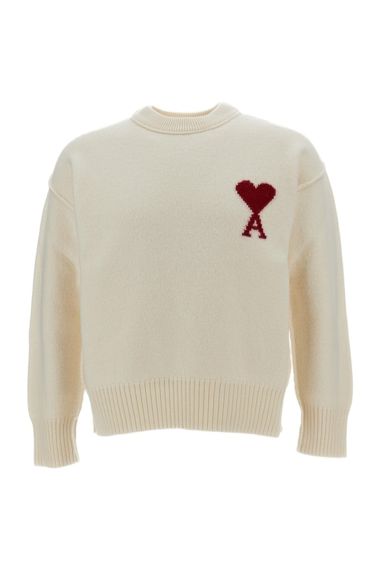 Ami Paris White Heart Intarsia Felted Merino Wool Sweater