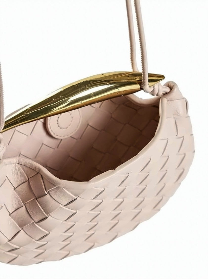 Bottega Veneta Compact Woven Lambskin Shoulder Bag With Gold-Tone Handle