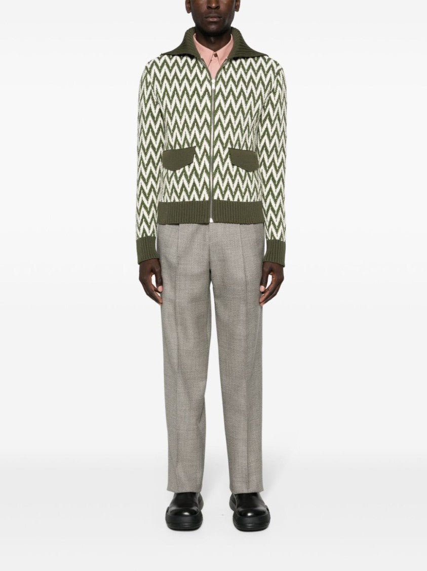 Lanvin Khaki And White Herringbone Pattern Cotton Sweater