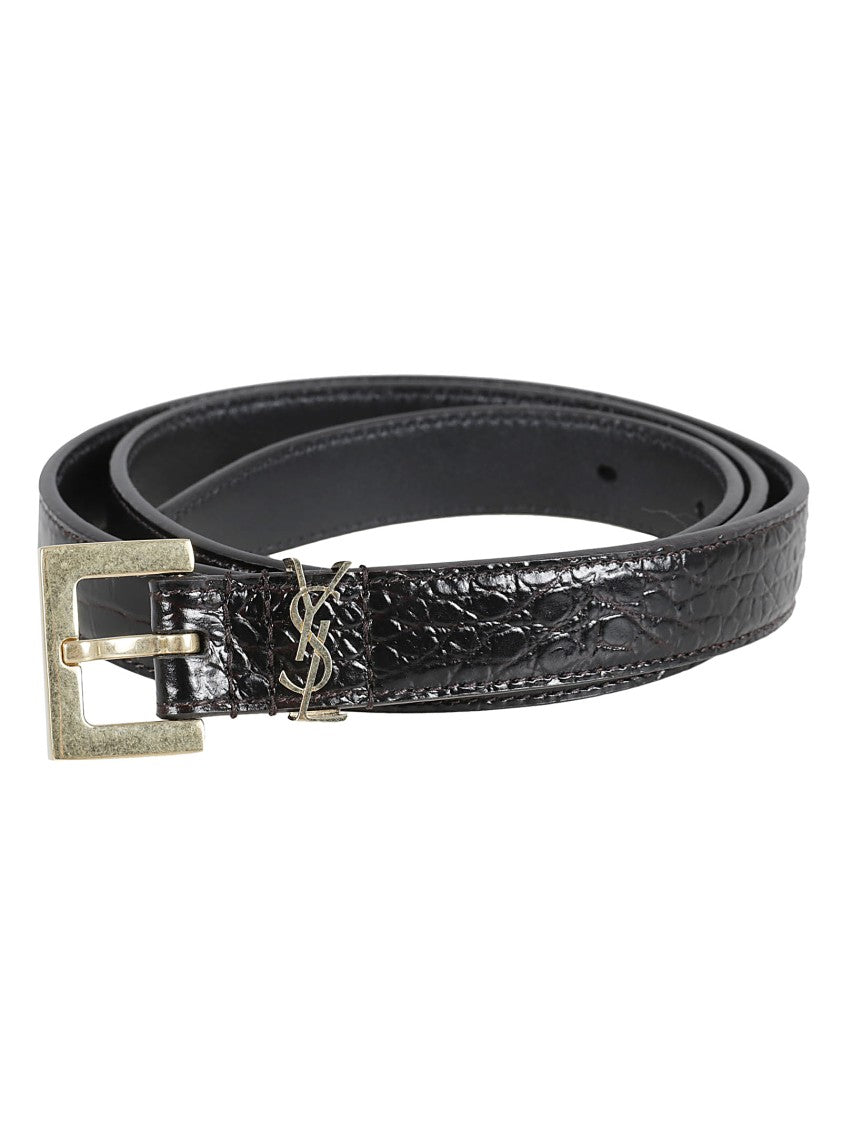 Saint Laurent Narrow Crocodile-Textured Calfskin Belt