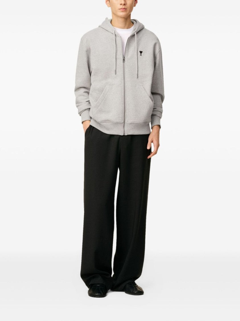 Ami Paris Light Grey Zip-Up Hoodie With Subtle Embroidered Detail