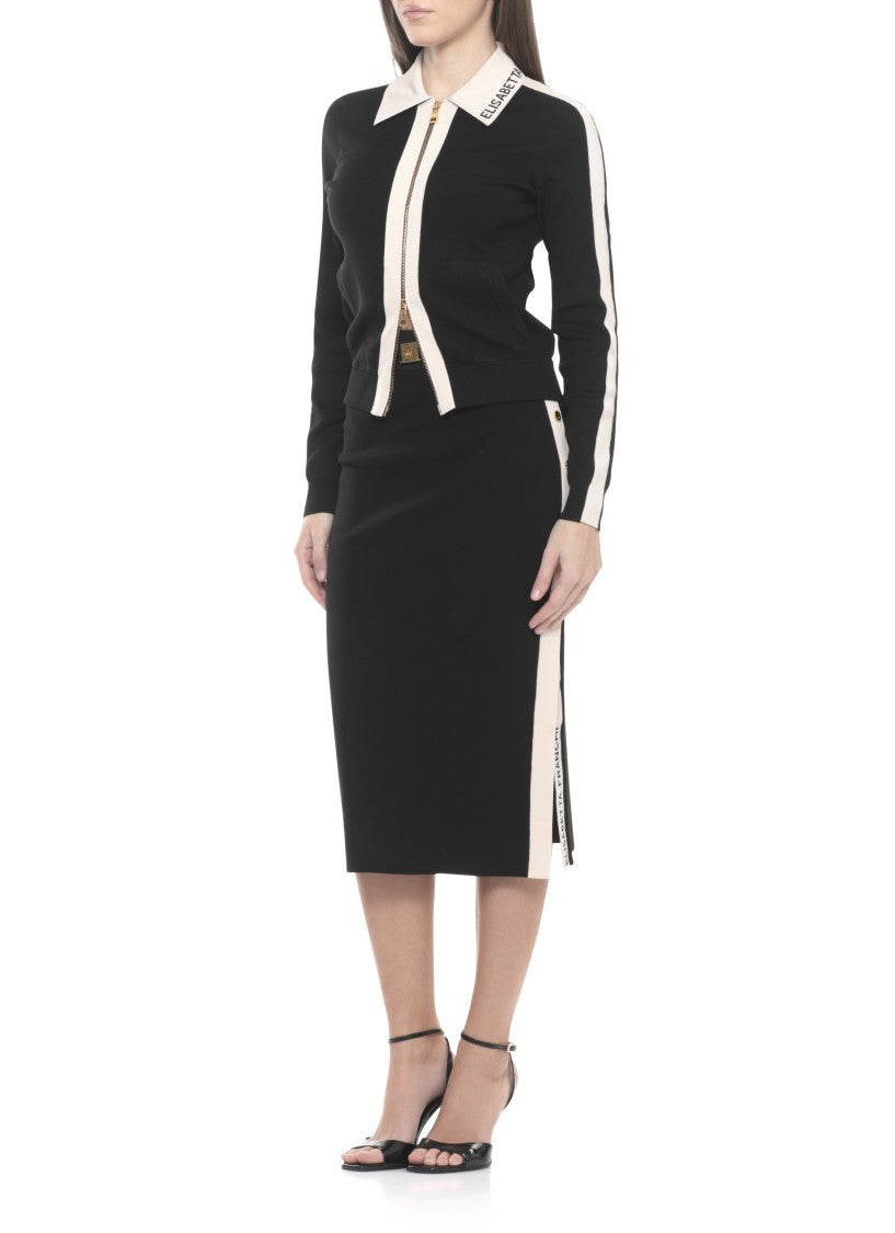 Elisabetta Franchi Pencil Midi Skirt With Logoed Belt And Contrasting Detail